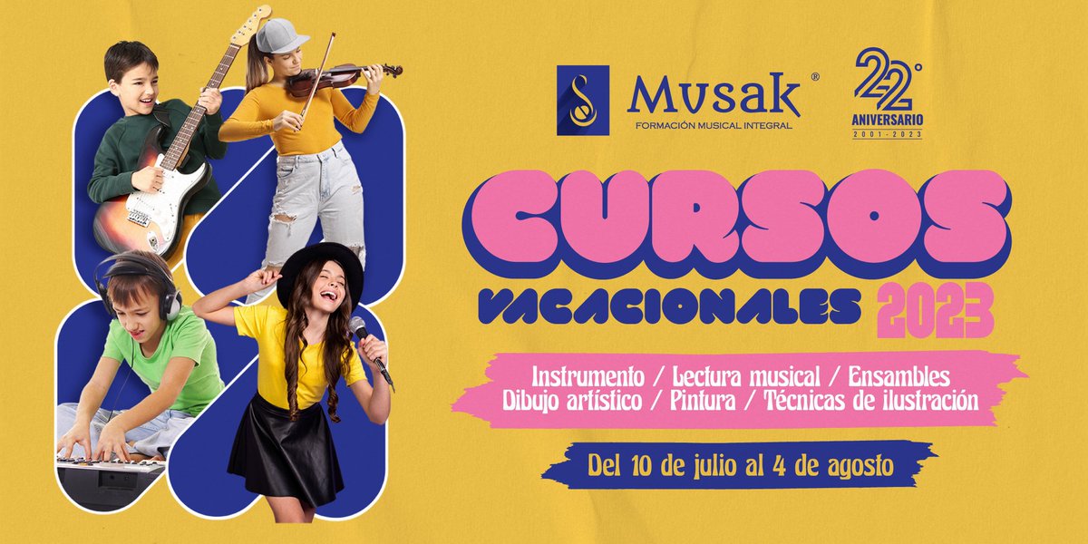 musak_ec's tweet photo. ¡Descubre tu pasión por la música y el arte en nuestros cursos vacacionales 2023! ☀️🎵🎨

Cuatro semanas de aprendizaje, diversión y descubrimiento de tu talento artístico.
.
.
📲 Más info.: https://t.co/QMoBd5xB1N
📅 Iniciamos el 10 de julio.
✅ ¡Matrículas abiertas!
.
.
#Musak https://t.co/4yRzkBu9gi