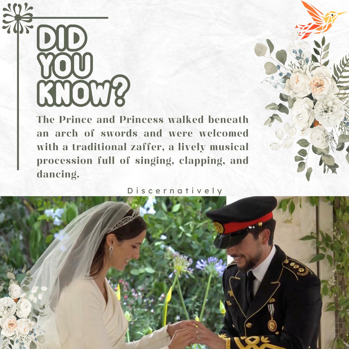 DID YOU KNOW?

#Discernatively #RoyalWedding #LoveAndTradition #GrandeurAndSignificance #RajwaAlseif #Jordan #RoyalSplendor #PublicCelebration #Fireworks #VIPs #PrinceWilliam #KateMiddleton #JillBiden #Heritage #Modernity #Tradition #Symbolism #HistoricalMoment #CulturalEvent…