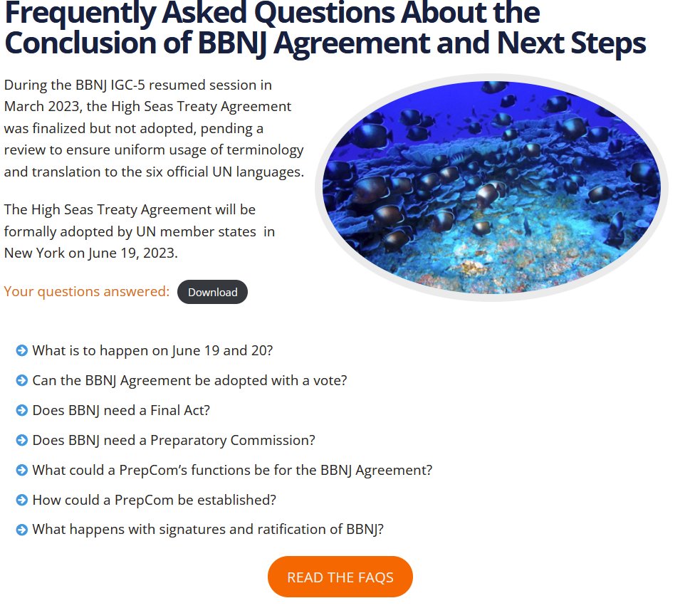 ⏰In less than one week countries will reconvene at @UN in New York to adopt the #BBNJ #HighSeasTreaty 🌊. If you have any questions about what to expect from the meeting @HighSeasAllianc 's #FAQ has got you covered: highseasalliance.org/wp-content/upl…