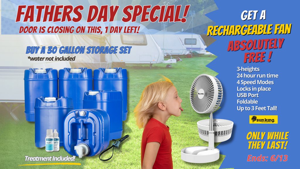 FREE Fans almost gone!  Buy an Emergency Water storage 30-Gallon Kit, plus FREE Treatment! &  BONUS Sun king Fan! (water not included!). 
⁠
#prepper #water #survival #disasters #camping #shtf  #emergency #emergencyfood #freezedried #foodshortage  #earthquake #hurricane