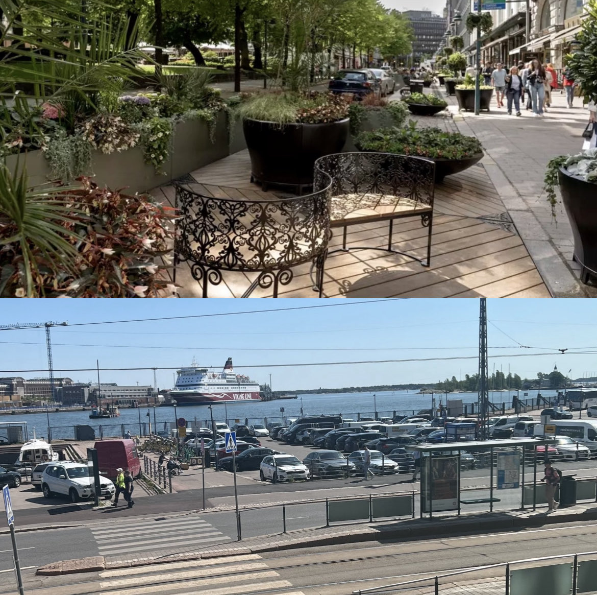 Espa vrt Eteläsatama. Osoitus kaupunkipolitiikan ja keskustelun nurinkurisuudesta. Suomen arvokkaimmalla tonttimaalla parkkipaikka ei herätä mitään reaktioita. Status quo bias vahva.
Ulkoparkkipaikkojen paikka ei kävelykeskustassa missään viihtyisässä metropolissa.