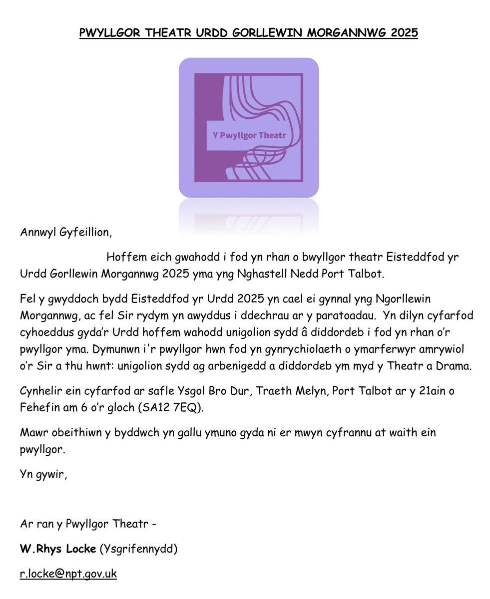 Os oes diddordeb gyda chi i gychwyn ar y paratoadau ar gyfer cystadlaethau Theatr yn Eisteddfod Margam 2025, bydd y cyfarfod agored cyntaf ar 21ain Mehefin 2023 yn Ysgol Gymraeg Bro Dur (SA12 7EQ). Croeso i bawb.