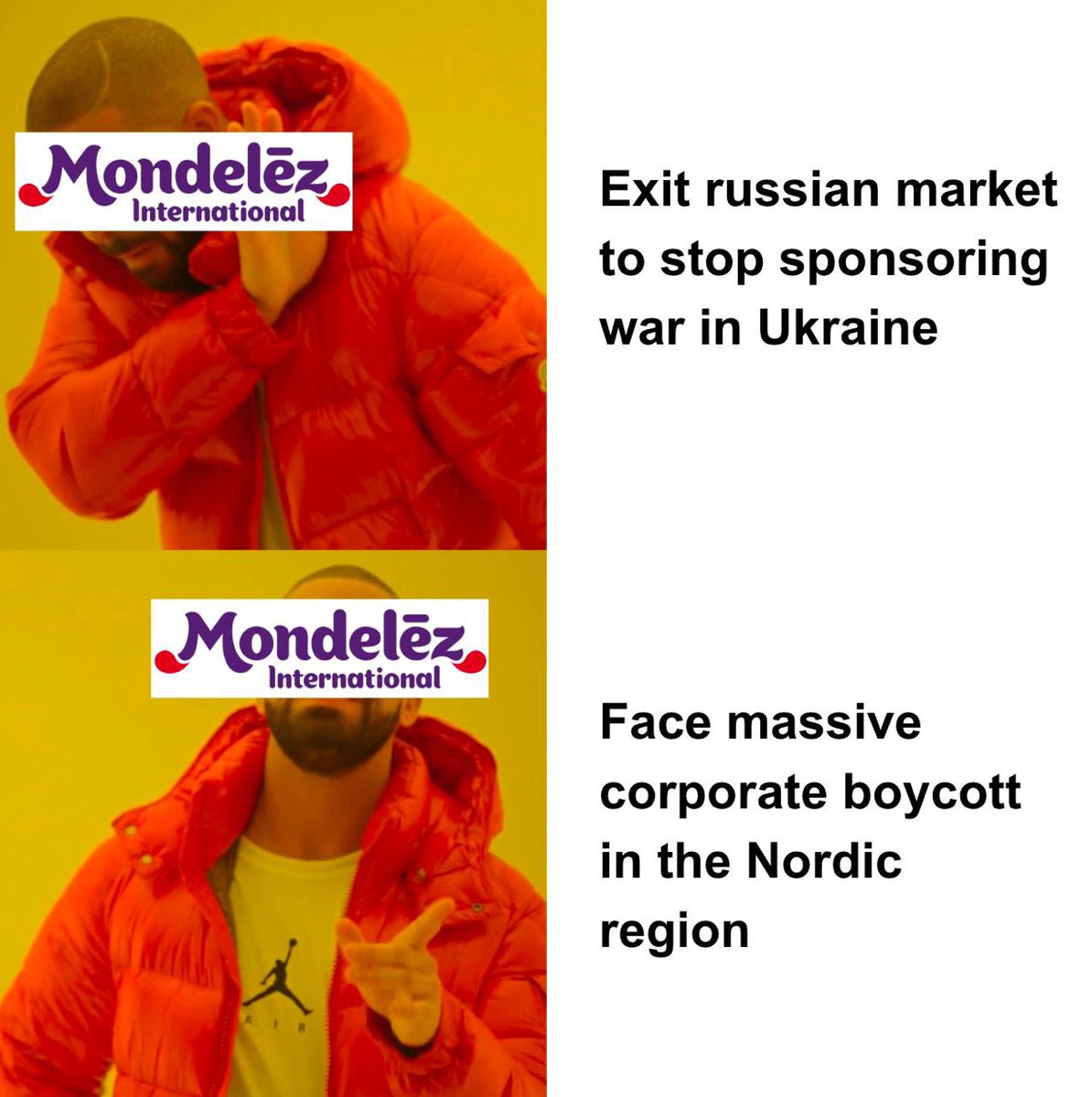 Mondelez is facing massive backlash in the Nordic region over its operations in Russia. Airlines, hotels, retailers, and more have announced a boycott, prompting Mondelez to seek a meeting with the Norwegian government. 

You know that there’s a very simple solution, Mondelez? 🙄