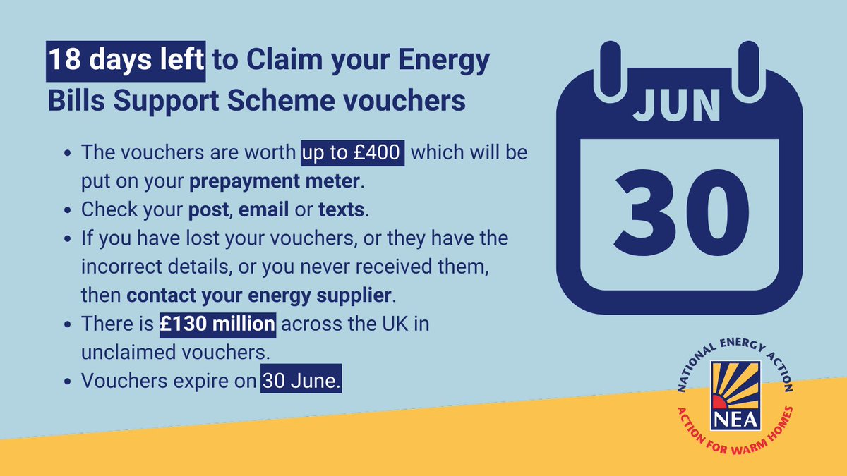 The Energy Bills Support Scheme will close soon. #Prepayment customers must redeem their vouchers by this deadline or they will expire. It's vital money when #EnergyBills have never been higher. Please share with friends and family who aren't online.