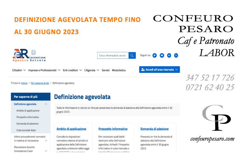 FenapiPesarovsm's tweet photo. Confeuro Pesaro Caf Patronato Labor
Definizione agevolata 2023? Ultimi

Prenota il tuo Appuntamento
3475217726 - 0721624025
info@confeuropesaro.com

https://t.co/PPA8xCdsGn

#confeuro #pesaro #caf #patronato #labor #spid

https://t.co/U0S42Lmmdi https://t.co/Lpz34QsWlY