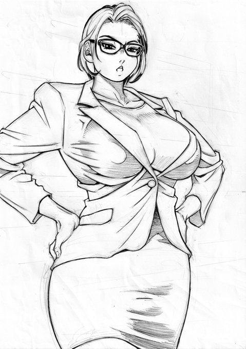 もうね、絵が得意じゃないおっさんが、おっぱいを強調しつつ、ある程度ちゃんとスーツを描くとか、やらん方がええ。2日に渡って 何度も描き直してた。メガネも苦手。
こういうふうに画像で全体像見てると、また直したくなってきた。 