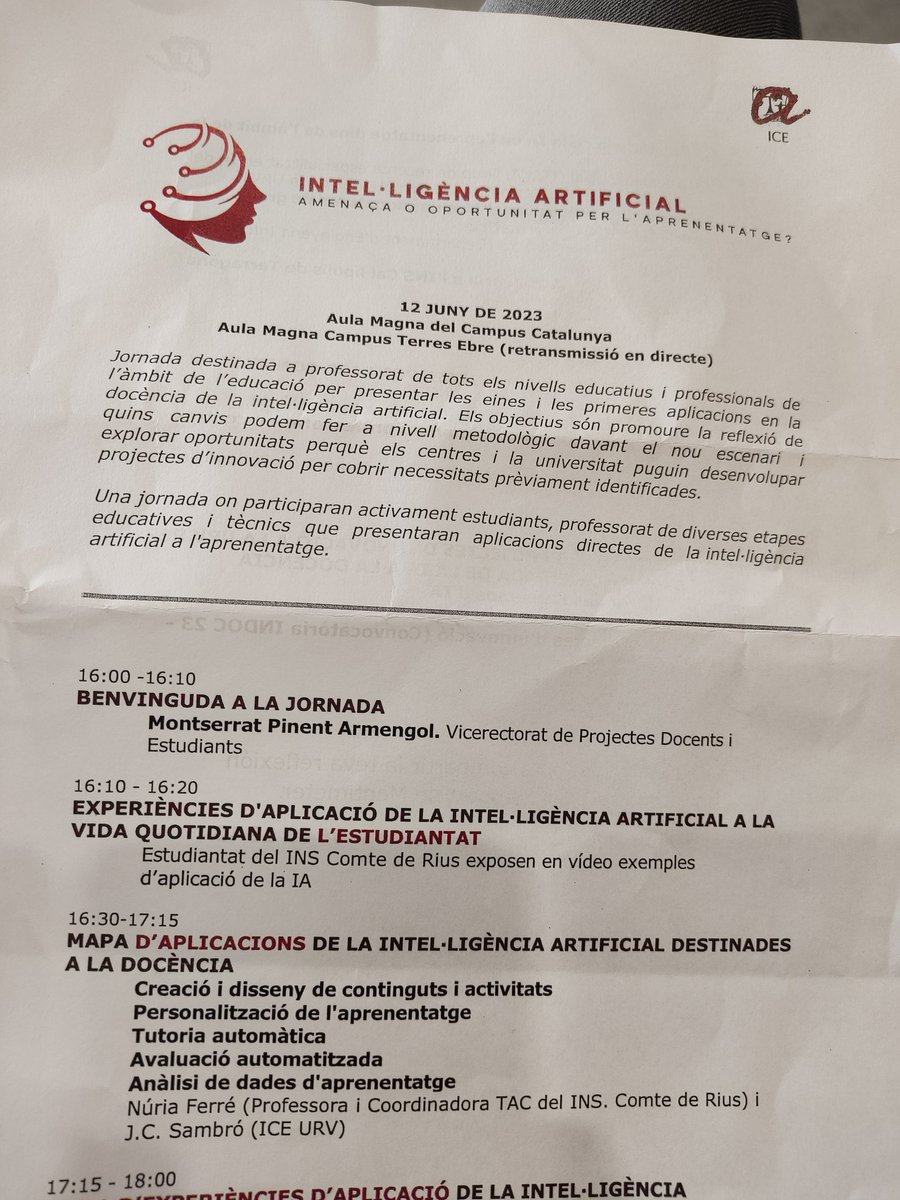 karmeyeste's tweet photo. Jornada molt necessària i inspiradora sobre IA en l'aprenentatge ! @ICEURV @universitatURV https://t.co/uYvA9utO4L