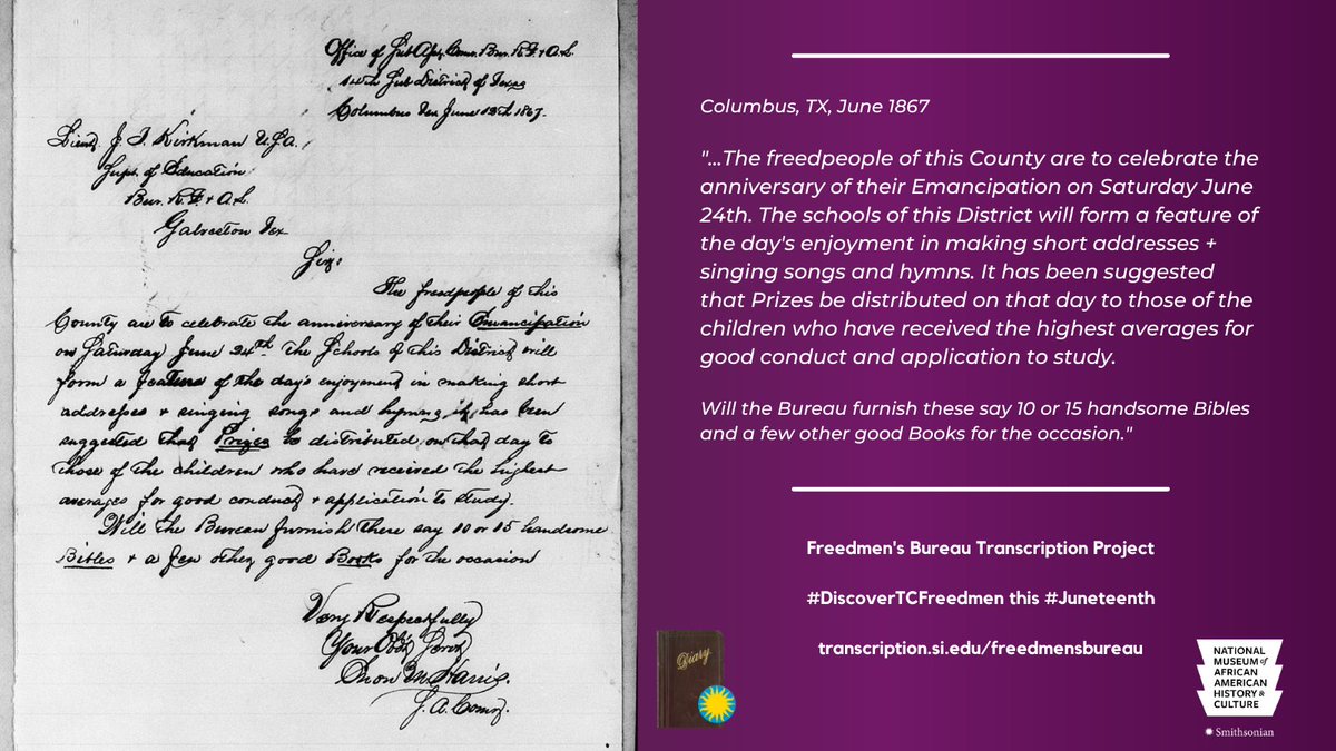 This 1867 Freedmen's Bureau letter from Columbus, TX documents the activities that local African Americans planned for the anniversary of their emancipation: s.si.edu/45RNbhg. 

Help us and <a href="/NMAAHC/">Smithsonian’s NMAAHC</a> discover more  early #Juneteenth celebrations: transcription.si.edu/freedmensbureau.