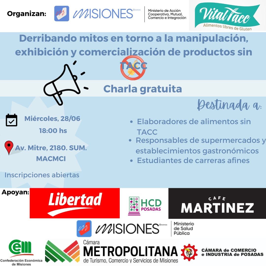 La Metropolitana te invita a participar de la charla “Derribando mitos en torno a la manipulación, exhibición y comercialización de productos sin TACC"
🗓 ¿Cuándo? 28/06 a las 18hs
📍¿Dónde? SUM MACMCI, Av. Mitre 2180. 
📋Para inscripción comunicarse al 3765-163636