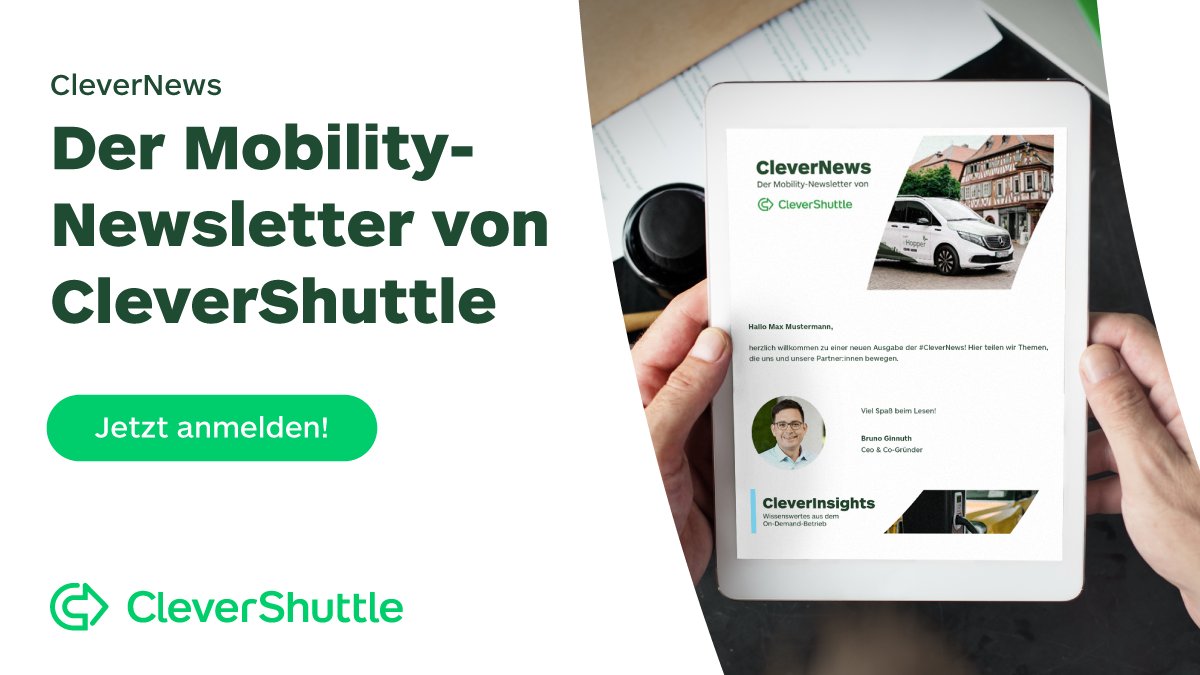 💡 Mehr spannende Insights rund um On-Demand-Verkehre gefällig?

Am Mittwoch gibt es eine neue Ausgabe unserer #CleverNews: Wir geben einen Überblick über die neuesten Fördermöglichkeiten, berichten über unsere Projekte und uvm.📩

Jetzt abonnieren! 👉  bit.ly/3PptPGT