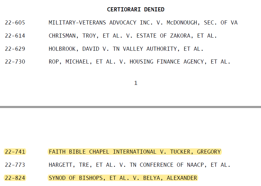 This morning the Court denied review in two of my cases. Both presented important procedural issues re: the rights of plaintiffs to seek relief against religious institutions that harmed them or discriminated against them. Thrilled that the lower court decisions stand!