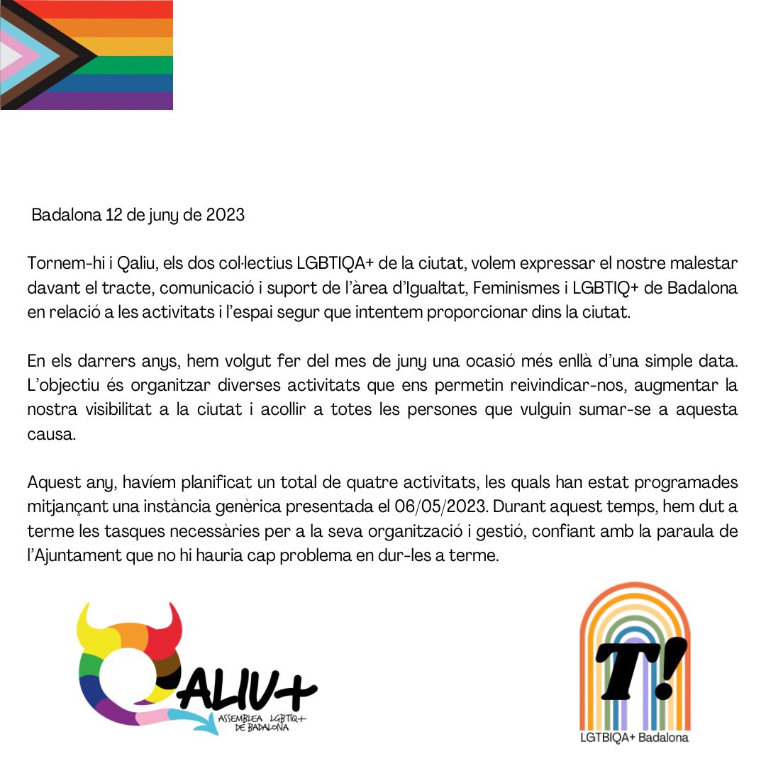 qaliubdn's tweet photo. Des de @qaliubdn i @tornemhi_BDN expressem el nostre malestar i denunciem en aquest comunicat el tracte rebut per @AjBadalona, des de la Regidoria de Feminismes i LGTBIQA+, en relació a l' #Orgull d'enguany.
Malgrat tot, i sense la vostra ajuda, celebrarem l'Orgull a #Badalona 🏳️‍🌈 https://t.co/KX9vJg5GmS