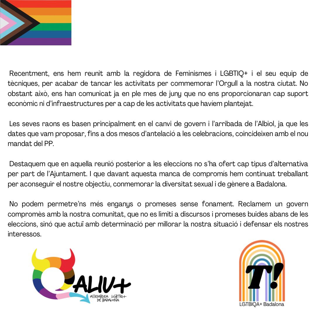 qaliubdn's tweet photo. Des de @qaliubdn i @tornemhi_BDN expressem el nostre malestar i denunciem en aquest comunicat el tracte rebut per @AjBadalona, des de la Regidoria de Feminismes i LGTBIQA+, en relació a l' #Orgull d'enguany.
Malgrat tot, i sense la vostra ajuda, celebrarem l'Orgull a #Badalona 🏳️‍🌈 https://t.co/KX9vJg5GmS