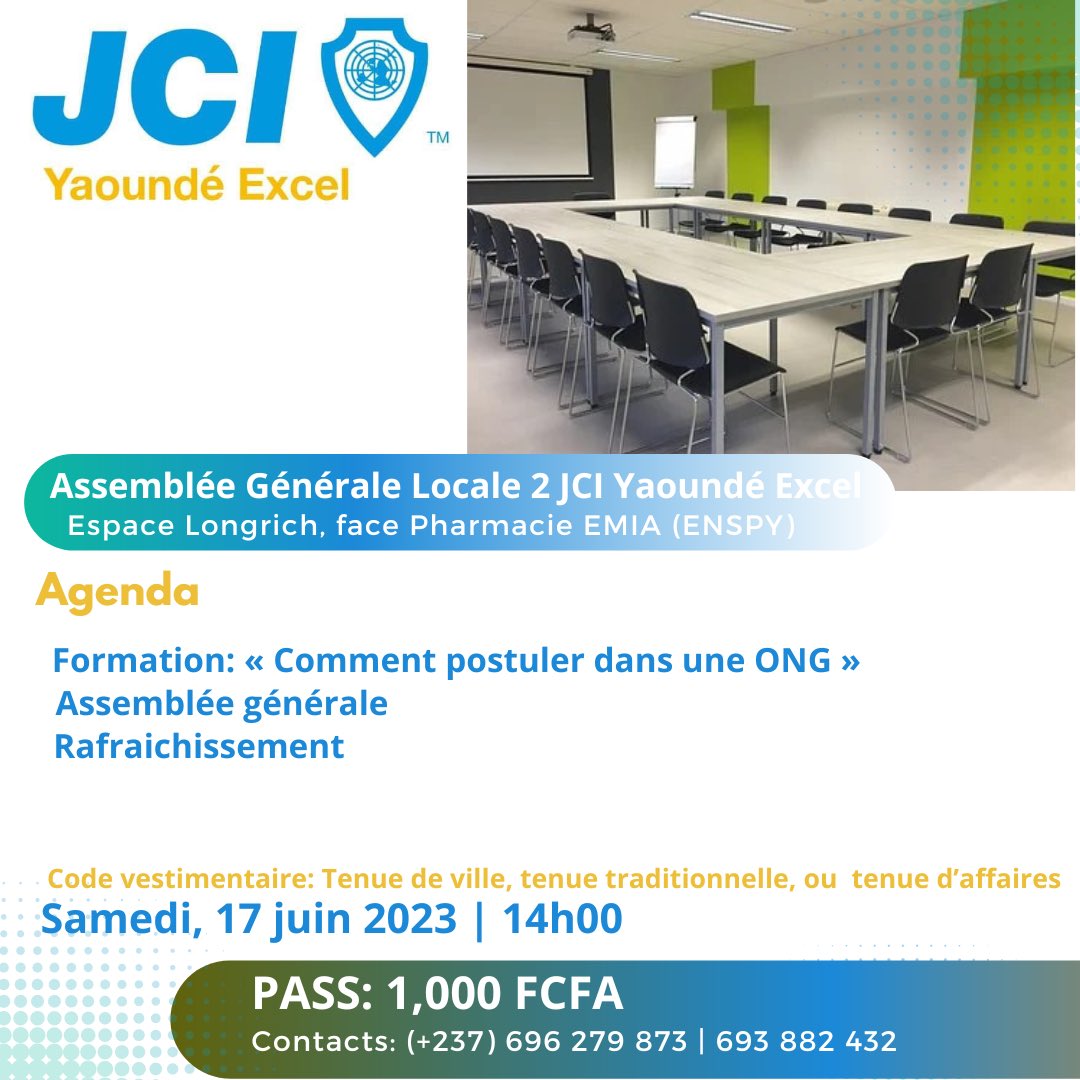 JciYaoundExcel's tweet photo. ASSEMBLÉE GÉNÉRALE LOCALE 2

Formation: « Comment postuler dans une ONG »

#JCIYaoundéExcel #LeadingByAction
#InvestWithPassion #GuidedbyPurpose
#SkillsDevelopment #BeBetter #JCI
@jcicameroun https://t.co/UHRwuHWciz
