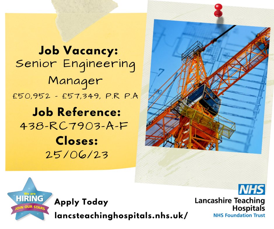 LancsHospJobs's tweet photo. Job Vacancy: Senior #Engineering Manager
@LancsHospitals
⏰Closes: 25/06/2023
Read more & apply:
https://t.co/vbtbvQ6Ntk
#NHS #NHSjobs #EngineeringManager #EngineeringJobs #Engineer #NewHospitalsProgramme #Lancashire #Preston #Cumbria #Chorley
@NewHospitalsLSC https://t.co/JYri7yq985