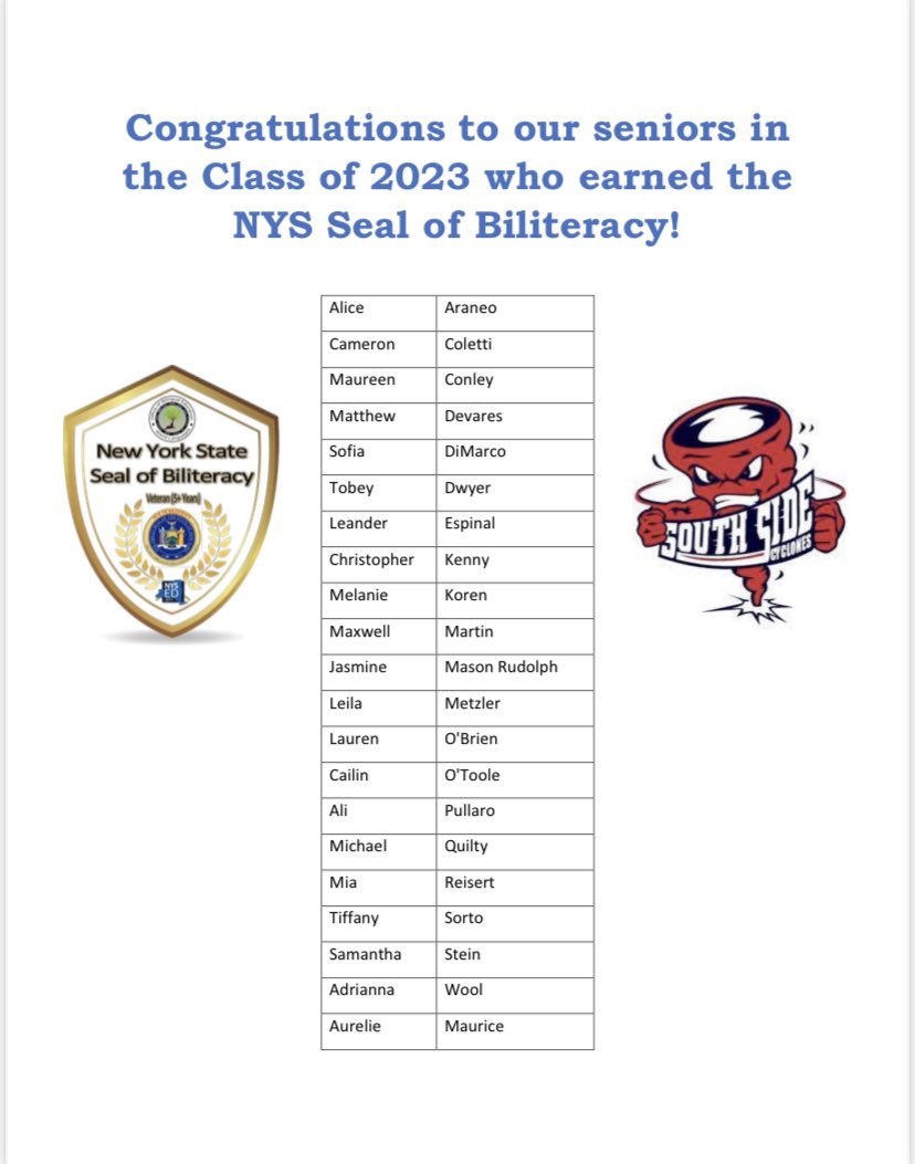 Congratulations to the SSHS senior students who earned the NYS Seal of Biliteracy! Congratulations to these exceptional students! <a href="/RGreenSSHS/">Rachel B Green</a> <a href="/E_Nisler/">Elizabeth Nisler</a> <a href="/RVCSchools/">Rockville Centre School District</a> #GameOnRVC