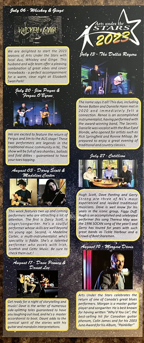 Here’s the complete description of acts to be featured this season. We’re not doing mail out rack cards this season but they’re available at any local hotel, the town office or the tourist chalet.
