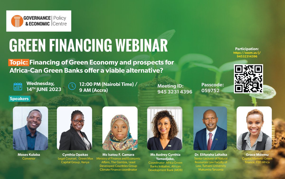 Happy to be part of this green webinar- Join us!
#Greenfinancing, #Africagreenbanks , #ClimateFinance , @Costa_Paschal #RenewableEnergy @AfDB_Group @PACJA1 @UNEP @PWYPtweets @IIED