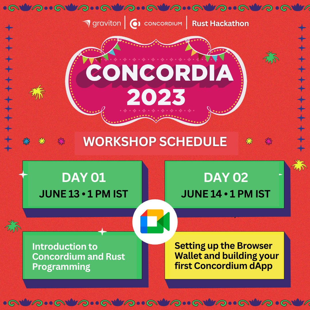 JoinGraviton's tweet image. Intro Workshops for all #Concordia2023 participants:

Day 1:
Introduction to Concordium and Rust Programming
Jun 13 | 1 PM
👉 meet.google.com/rkz-nxiw-ejz

Day 2:
Setting up the Browser Wallet and building your first Concordium dApp

Jun 14 | 1 PM
👉 meet.google.com/wfc-zhzw-kqm

We…