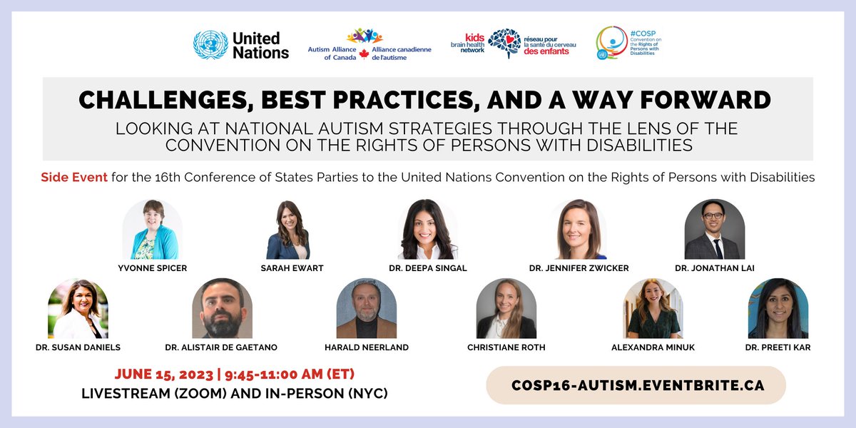 How can national autism strategies address accessibility, education, work & employment? @AllianceAutism & @KidsBrainHealth invite you to our Side Event at the @UN #COSP16, “Looking at National Autism Strategies through the lens of the #CRPD,” on June 15! cosp16-autism.eventbrite.ca