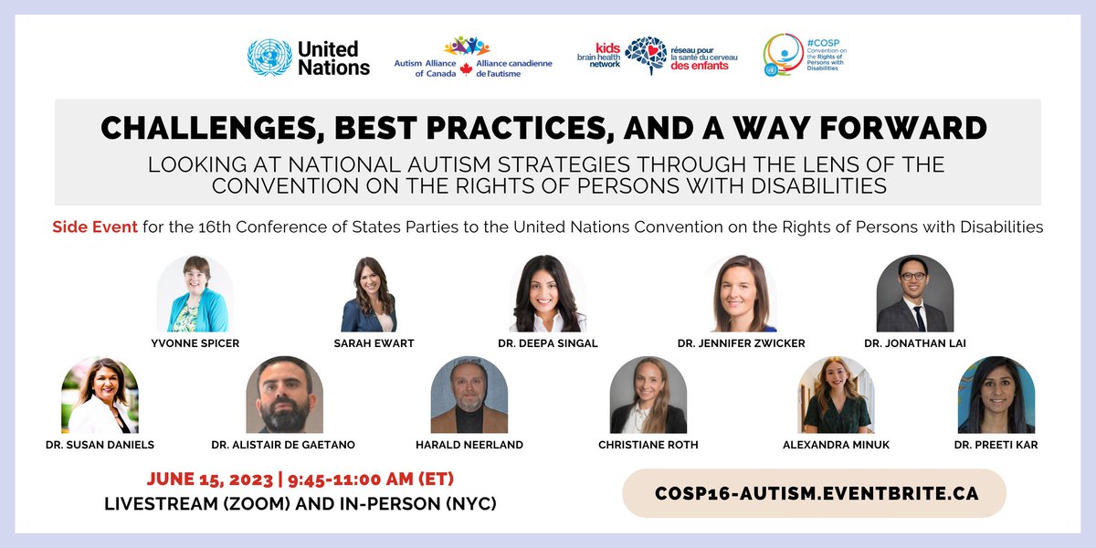 Autism Alliance of Canada (@allianceautism) on Twitter photo How can national autism strategies address accessibility, education, work & employment?
<a href="/AllianceAutism/">Autism Alliance of Canada</a> & <a href="/KidsBrainHealth/">Kids Brain Health Network</a> invite you to our Side Event at the <a href="/UN/">United Nations</a> #COSP16, “Looking at National Autism Strategies through the lens of the #CRPD,” on June 15!
cosp16-autism.eventbrite.ca How can national autism strategies address accessibility, education, work & employment?
<a href="/AllianceAutism/">Autism Alliance of Canada</a> & <a href="/KidsBrainHealth/">Kids Brain Health Network</a> invite you to our Side Event at the <a href="/UN/">United Nations</a> #COSP16, “Looking at National Autism Strategies through the lens of the #CRPD,” on June 15!
cosp16-autism.eventbrite.ca