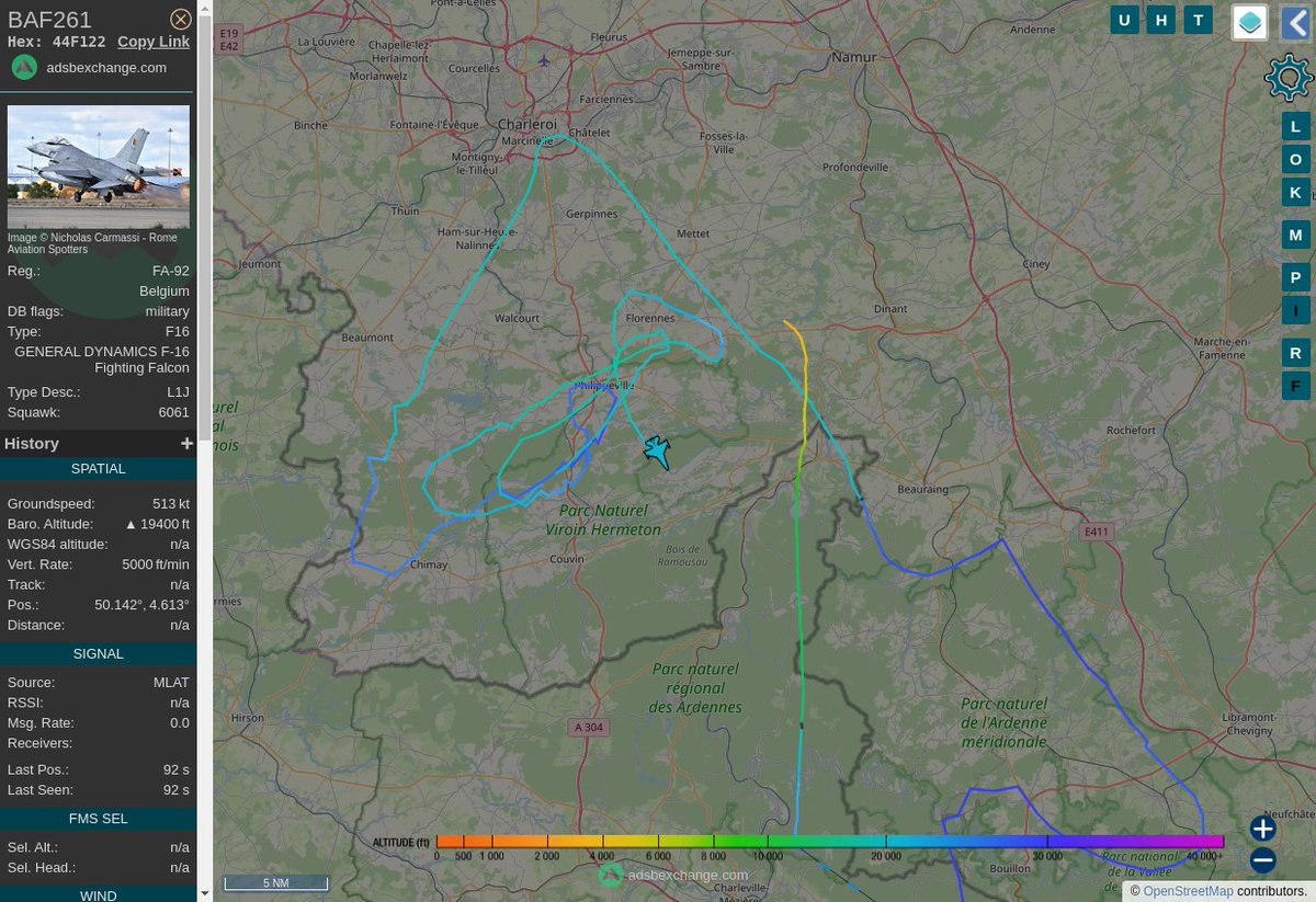 Radar_Assistant's tweet image. MULTI ADSBX MANOEUVRING ALERT : At time Mon Jun 12 15:40:53 2023 #BAF261   was likely to be manoeuvring at FL189 6nm from BFS Florennes_TACAN_BE
 near Rue Pont de Pierres, Sautour, Philippeville, Namur #AvGeek #ADSB globe.adsbexchange.com/?icao=44F122&amp;amp;z…