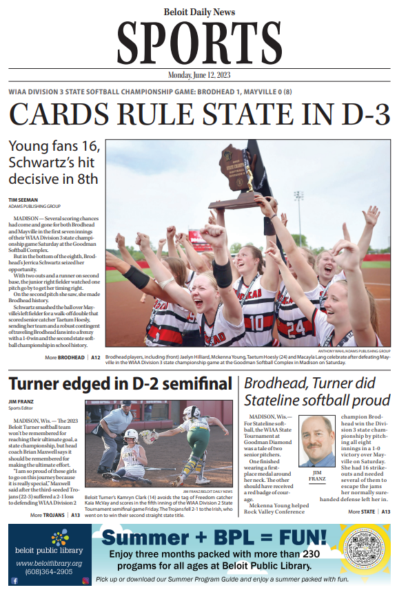 Tim Seeman (@tim_seeman) on Twitter photo Some more Brodhead and Beloit Turner state softball #content for this morning: how it all looked in print in Janesville and Beloit. I highly encourage clicking through the links below because there is a lot of great photography with all these stories. #wissb <a href="/JimFranz310/">Jim Franz</a> Some more Brodhead and Beloit Turner state softball #content for this morning: how it all looked in print in Janesville and Beloit. I highly encourage clicking through the links below because there is a lot of great photography with all these stories. #wissb <a href="/JimFranz310/">Jim Franz</a>