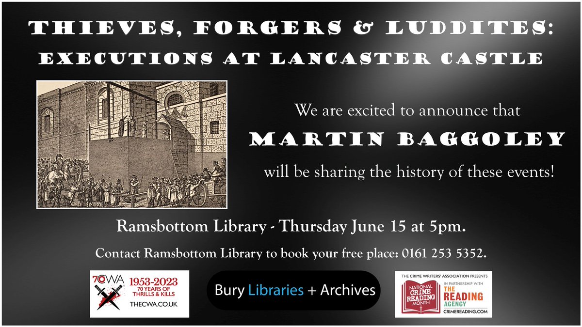 Don’t forget, Martin Baggoley will be at #Ramsbottom Library on Thursday 15 June at 5pm! Discover the grisly history of executions at #Lancaster Castle during this free talk for #NationalCrimeReadingMonth. Contact Ramsbottom Library to book your free place: 0161 253 5352. #NCRM
