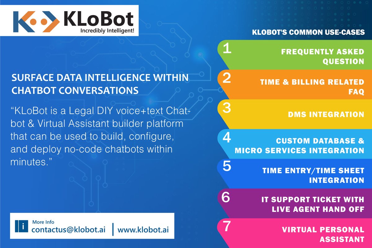 KLoBot:  Surface data intelligence within chatbot conversations

klobot.ai

#chatbot #chatbots #legalops #legaltech #lawtech #legal #ai #lawfirm #legalfirm #law #innovation #intelligence #it #itsolutions #machinelearning #software #legaltechnology #digital #law