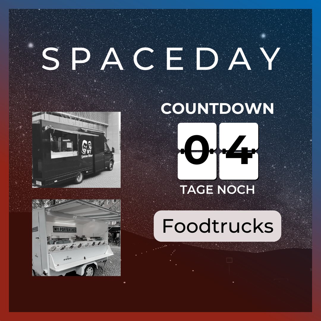 SpaceforCulture's tweet photo. COUNTDOWN: nur noch 4 Tage bis zum Space Day! 💫 Alle Studis der @HHU_de horchen nun besonders auf, denn ein bekanntes Gefährt unterstützt uns am Space Day: die Kolleg:innen von My Gemüse Döner👏 Doch damit nicht genug: auch My Poffertjes ist da und sorgt für leckeres Dessert😋 https://t.co/r8HasykxQT