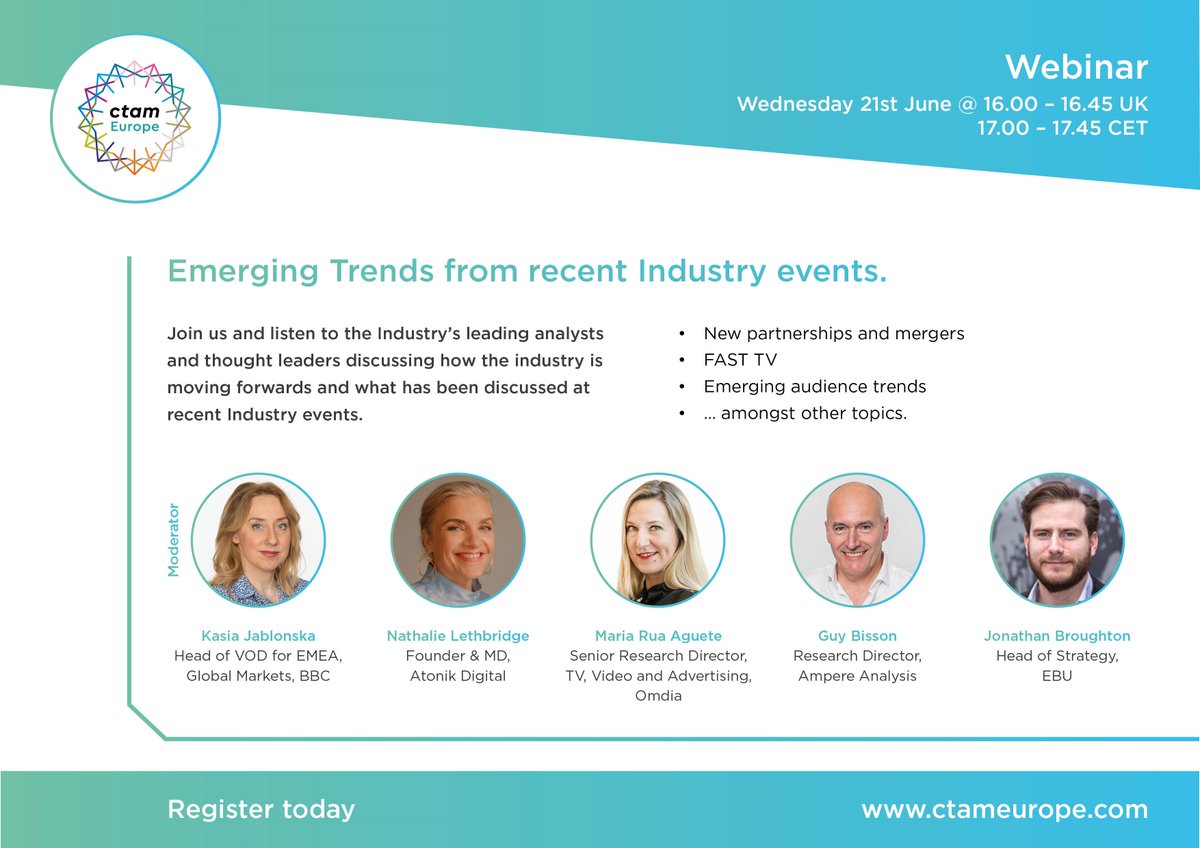 Don't miss the next virtual discussion with @maria_aguete @OmdiaHQ @AtonikDigital @AmpereAnalysis @tvintelligence @JonathanAnalyst and hopefully @MediaTechBear 🧸 The discussion will focus on Emerging trends in our Industry. conta.cc/43B5INx