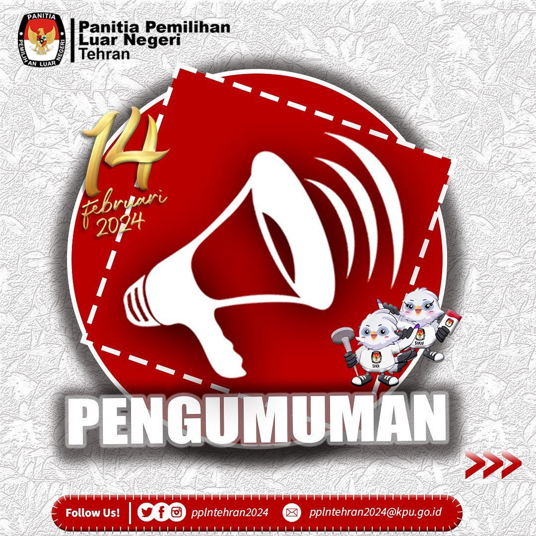 pplntehran2024's tweet image. WNI di RII dan Turkmenistan yang memenuhi syarat untuk memilih pada Pemilu 2024, namun belum terdaftar sebagai Pemilih, untuk segera mendaftar. Pada 20-21 Juni 2023, Daftar Pemilih Tetap Luar Negeri (DPT LN) Tingkat PPLN Tehran akan disusun dan ditetapkan.
#Pemilu2024 
#DPTLN