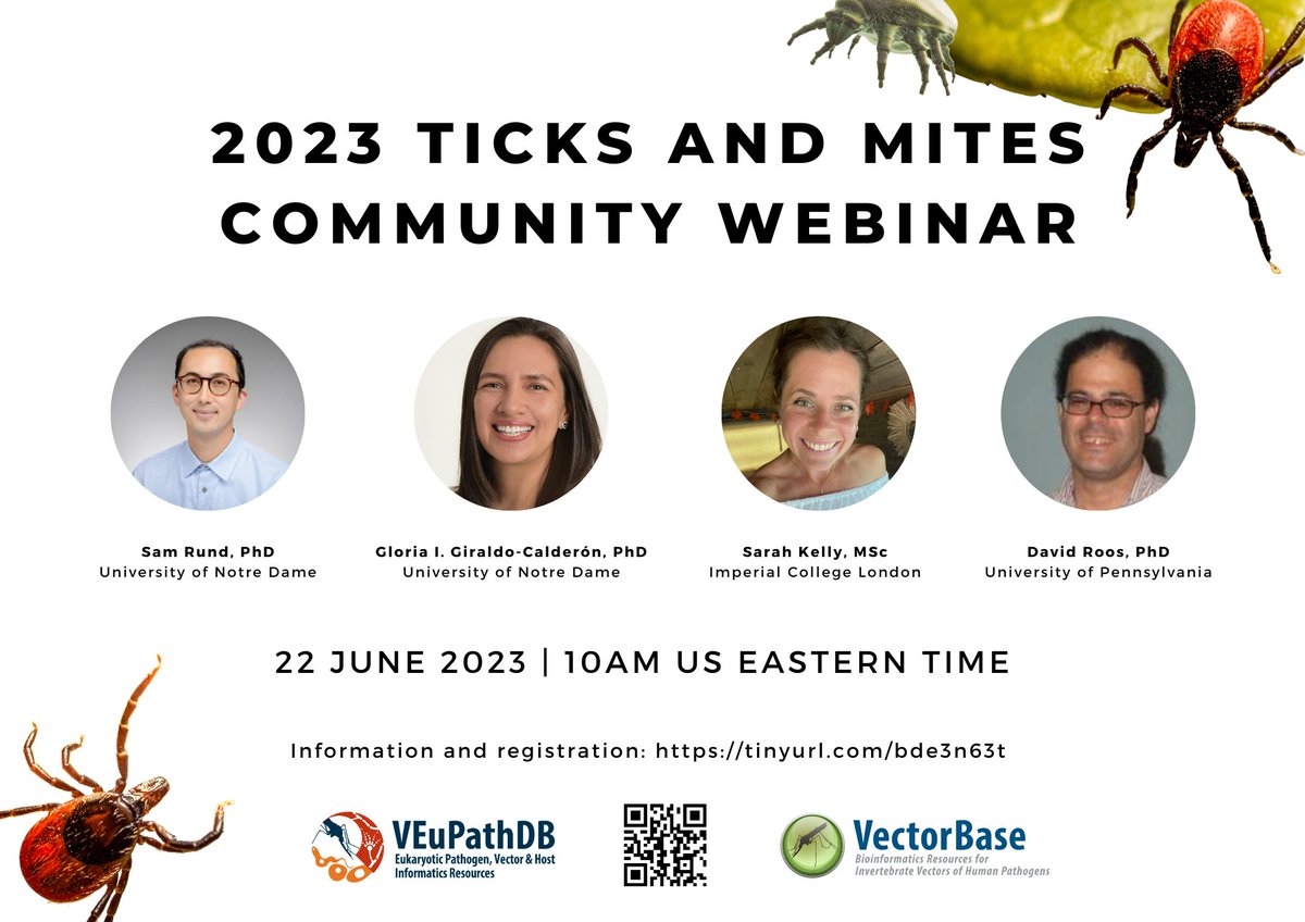 Join us for our upcoming  @VectorBase / @VeuPathDB
#ticks and mites community webinar June 22nd (10AM E.S.T.). 

More information at tinyurl.com/bde3n63t