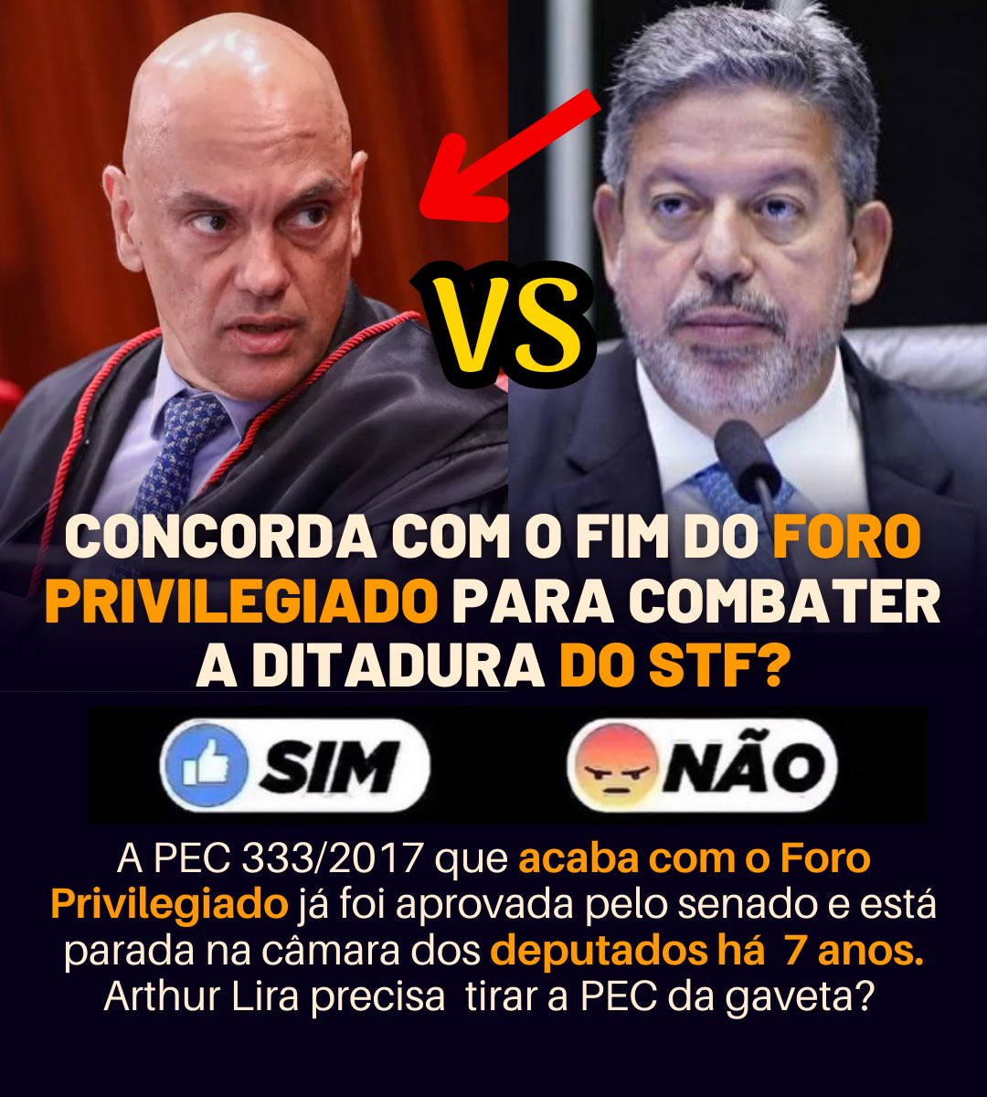 ueltoncostago's tweet photo. 🚨Os deputados são os grandes responsáveis pela ditadura impetrada por Moraes. A PEC 333/17 que prevê o fim do foro privilegiado está há mais de sete anos na Câmara dos Deputados, pronta para ser analisada pelo plenário da Casa.

⭕️Dê um RT para chegar até seu deputado🇧🇷👍 https://t.co/5fSJL4iHUr