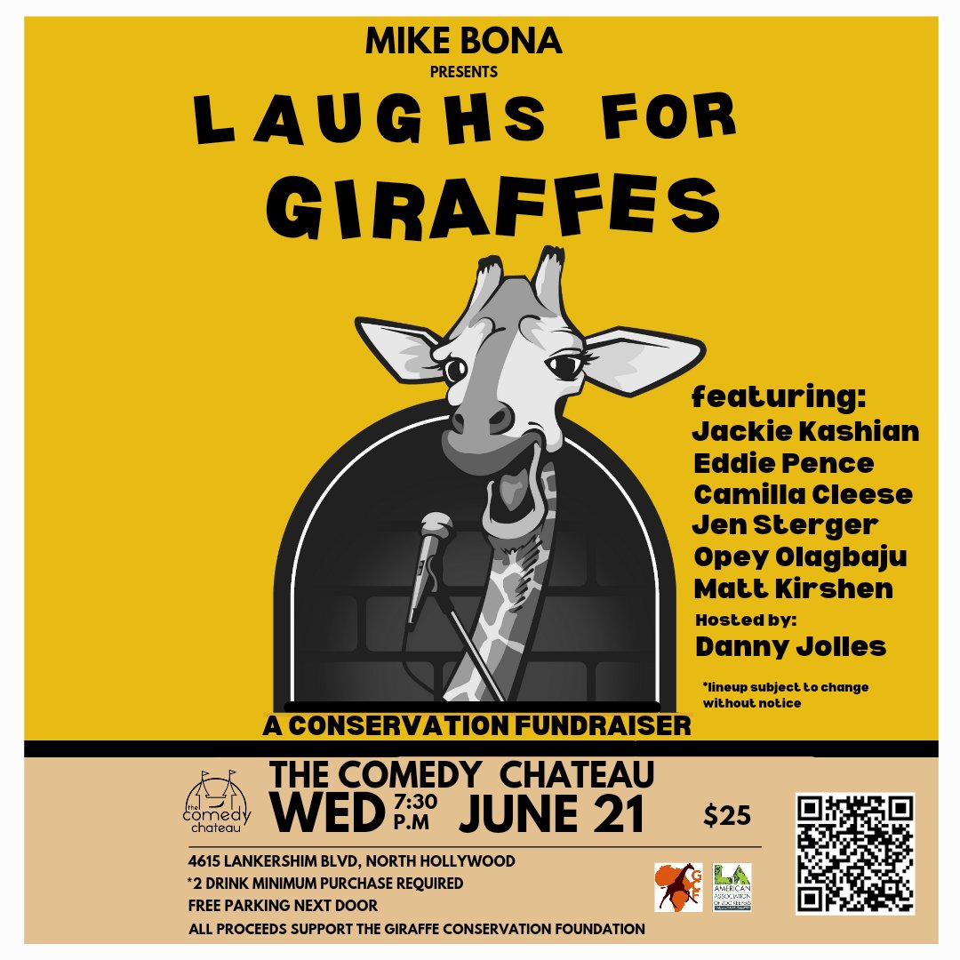 Laughs4Giraffes's tweet photo. 🎉 World Giraffe Day is just around the corner! 🦒🌍 Join us for a night of laughter and support giraffe conservation at the Comedy Chateau on 6/21. Get your tickets now: https://t.co/EEqrnbTdPS #WorldGiraffeDay #LaughsForGiraffes #Comedyshow #Hollywood https://t.co/DlBKZsucQ4