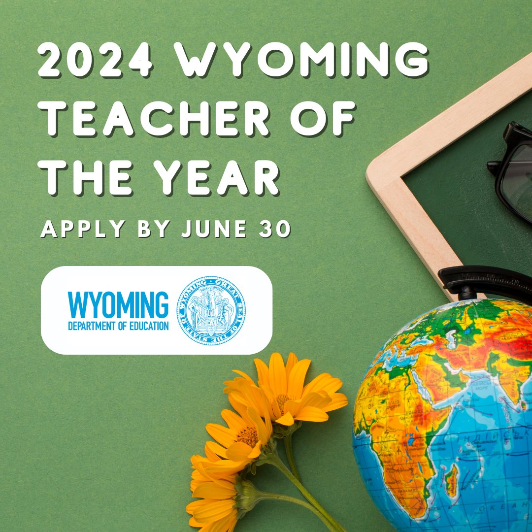 The 2024 Wyoming Teacher of the Year (WTOY) application is now available! The program recognizes the contributions of a certified classroom teacher in grades Pre-K through 12 and is presented by @WYOEducation.

Apply by June 30: edu.wyoming.gov/downloads/comm…
#UWyoCoEd #WyoEdChat
