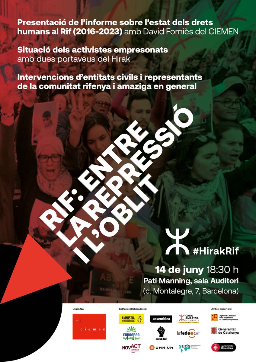 ⬛️⬜️📍  Aquest dimecres, <a href="/elciemen/">CIEMEN</a> presentarà l'informe "Hirak del Rif, entre la repressió i l'oblit (2016-2023)". La presidenta de l'Assemblea <a href="/DolorsFeliu/">Dolors Feliu</a> hi intervindrà per expressar el suport de l'entitat a la comunitat rifenya.