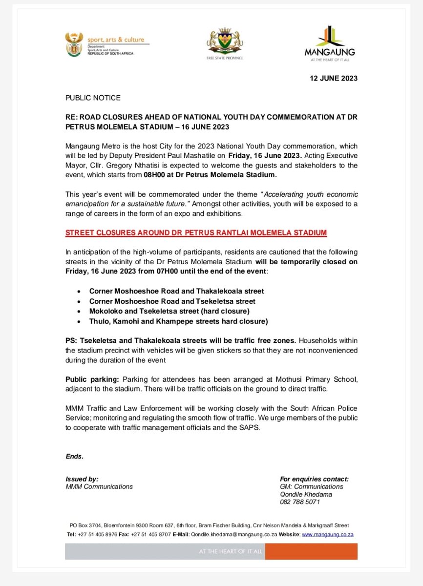 fsgov's tweet image. ROAD CLOSURES AHEAD OF NATIONAL YOUTH DAY COMMEMORATION AT DR PETRUS MOLEMELA STADIUM ON 16 JUNE 2023. #YouthMonth2023 #LeaveNoOneBehind #makingyourfutureworkbetter