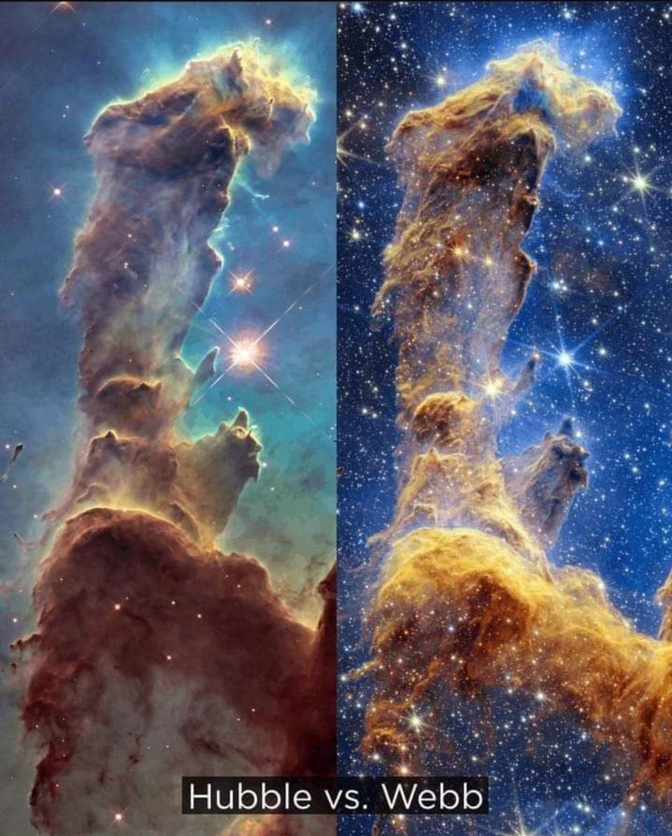 The Pillars of Creation in M16 Eagle nebula by Hubble and James webb telescopes.