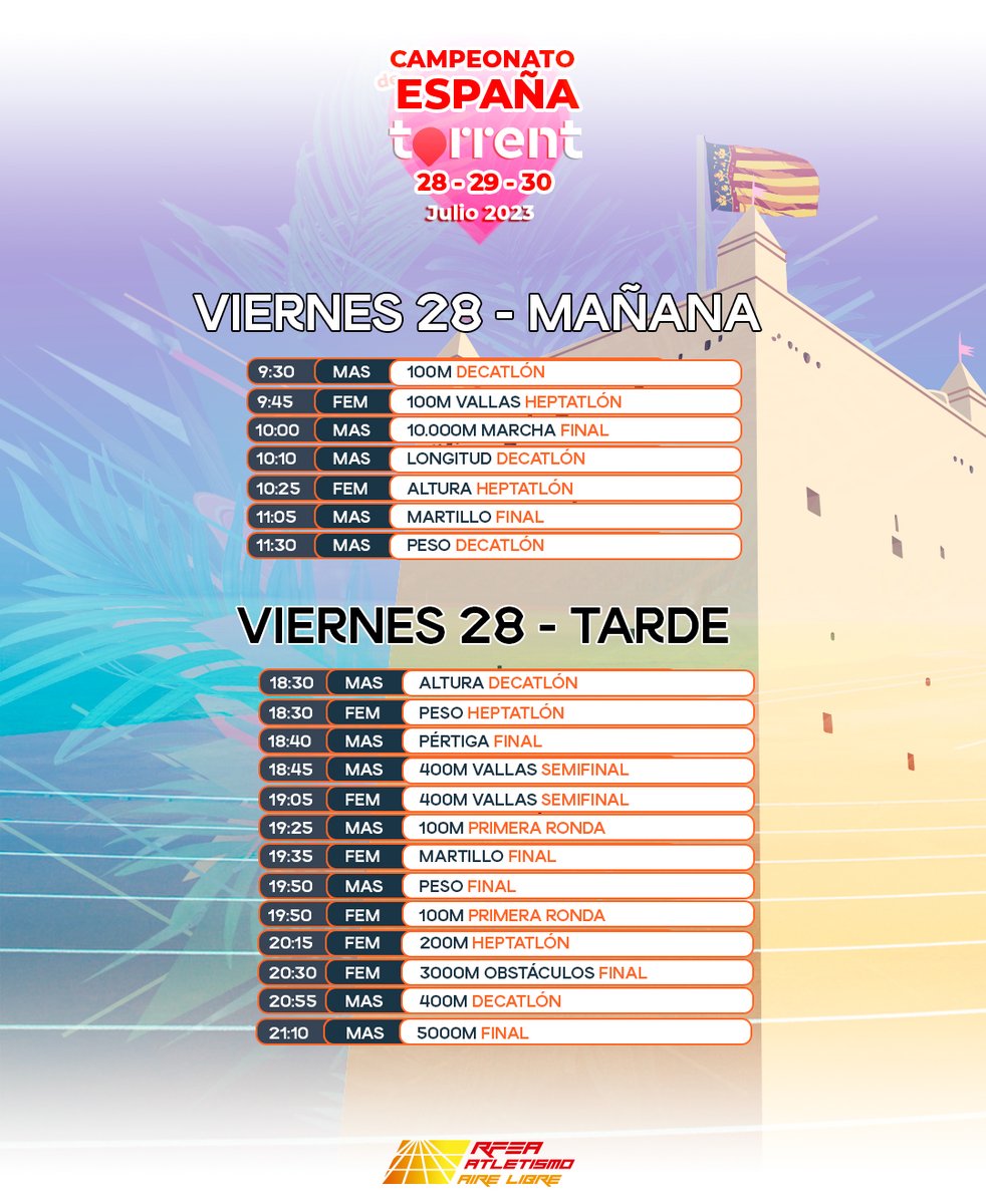 atletismoRFEA's tweet photo. 👀 Los próximos 28, 29 y 30 de julio, TODO EL ATLETISMO ESPAÑOL 🇪🇸 mira a Torrent

🔐 Guarda este tuit porque va a ser importante ese fin de semana... 

𝗛𝗢𝗥𝗔𝗥𝗜𝗢 #CEatletismo

Compra tu abono para el campeonato 🎟️ https://t.co/s7rZxlcdJV https://t.co/OjHn5wt17i