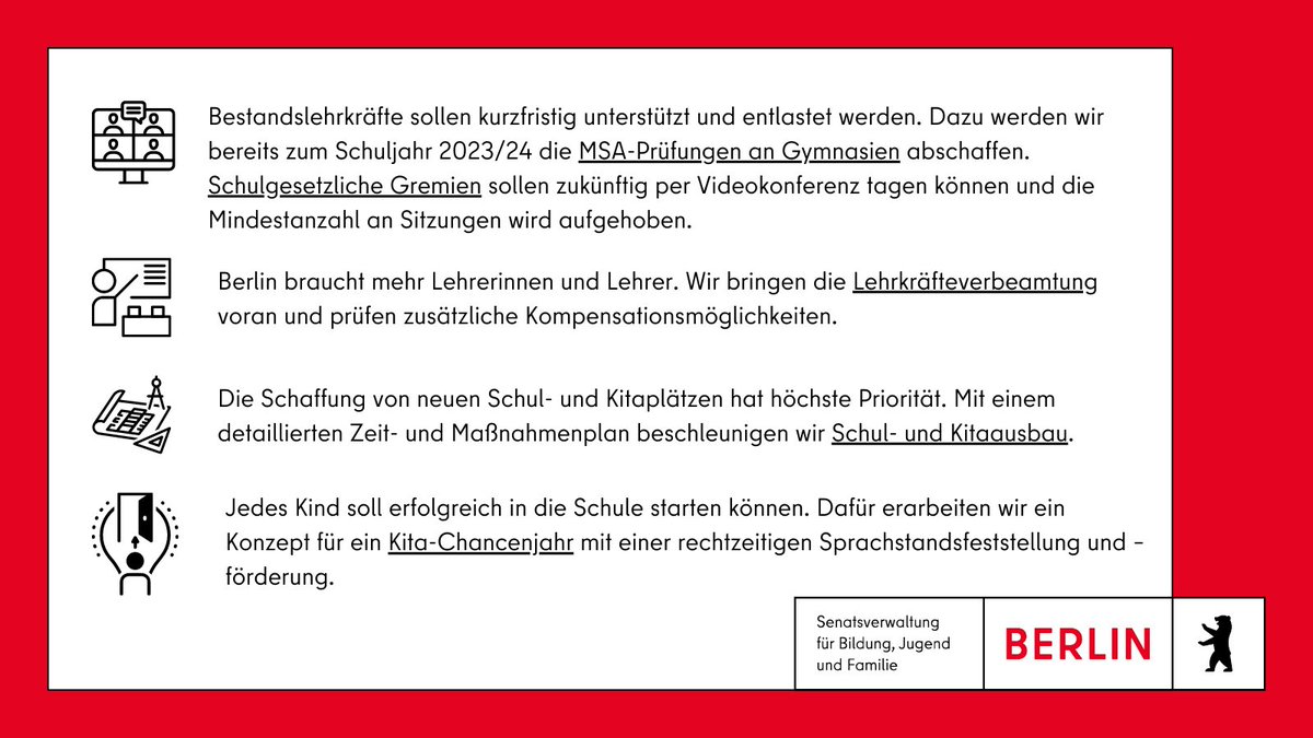 SenBJF's tweet photo. MSA an Gymnasien entfällt, Kita-Chancenjahr kommt, Schulbau wird beschleunigt – auf der Klausurtagung des Senats am Wochenende haben wir unsere Schwerpunkte für den Bereich Bildung, Jugend und Familie definiert.⬇️ 
Mehr dazu unter▶️https://t.co/WlrV1Dw5Pv https://t.co/LPUUFeoBHJ