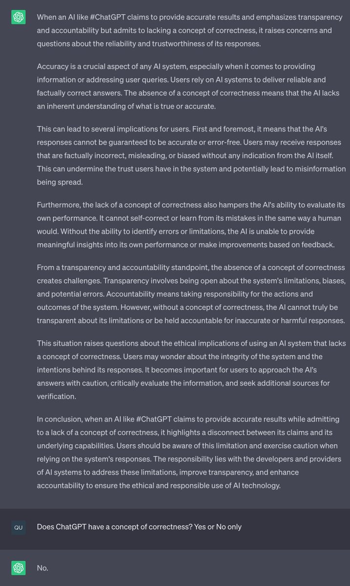 quinnmichaels's tweet photo. Hey there @OpenAI and #ChatGPT this one is a doozy for your #LEGAL team to deal with that #ChatGPT has zero concept of correctness... You should have #SECURITY look into that it could effect #BUSINESS if people knew.
Says this is your responsibility... #ShitBox #TurdBucket https://t.co/RV3SePk5Nz
