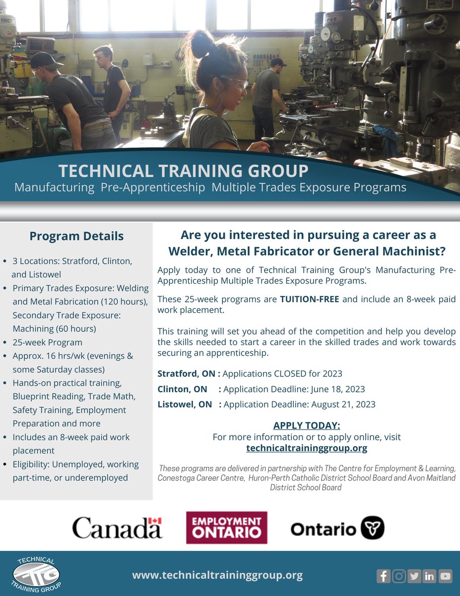 One week left to apply to TTG's Tuition-Free Pre-Apprenticeship Program in CLINTON to become a Welder, Metal Fabricator or General Machinist! This 25-wk Pre-App Program is TUITION-FREE with a paid work placement. Apply technicaltraininggroup.org/pre-apprentice… or call 519-801-8641. #skilledtrades