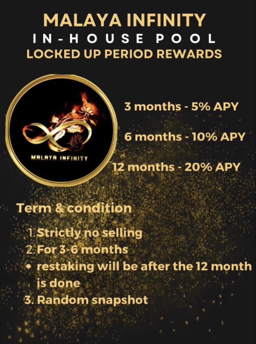 Lets money work for you 😎 Secure your <a href="/MalayaInfinity/">Malaya Infinity</a> Token now &amp; Earn up 20% APY 🔥

Rules:
✅STRICTLY NO SELLING.
✅Restaking will be after the 12 Months
✅It will be a Random Snapshot

Join with Telegram for more info: bit.ly/MalayaInfinity

#XRPLCommunity #xmalaya #XRP