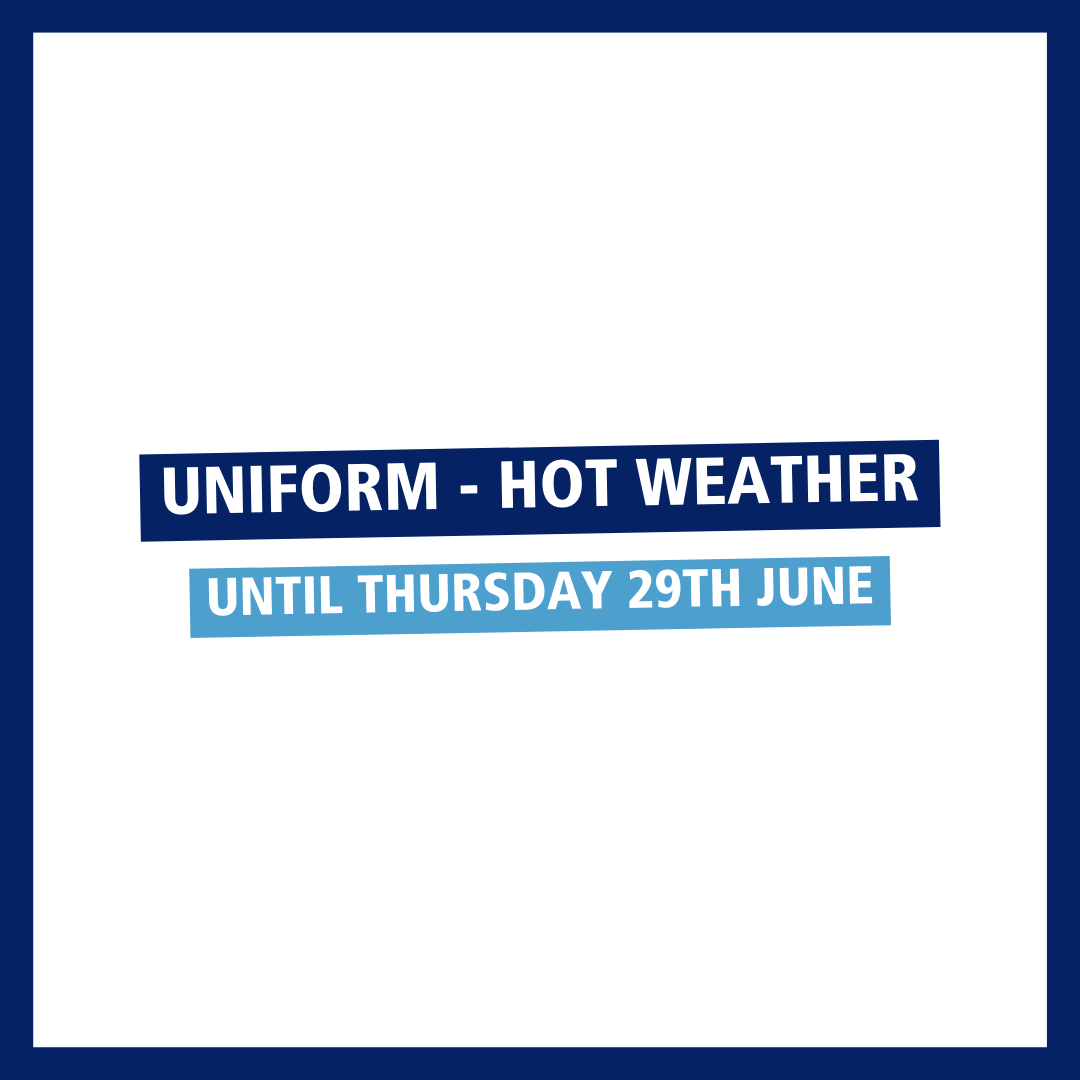 Due to the very hot weather, students are allowed to wear their full school PE kit to school until Thursday 29th June. If your child does not want to wear their PE, they are required to wear their full school uniform as usual.

☀💧
#cvaproud
