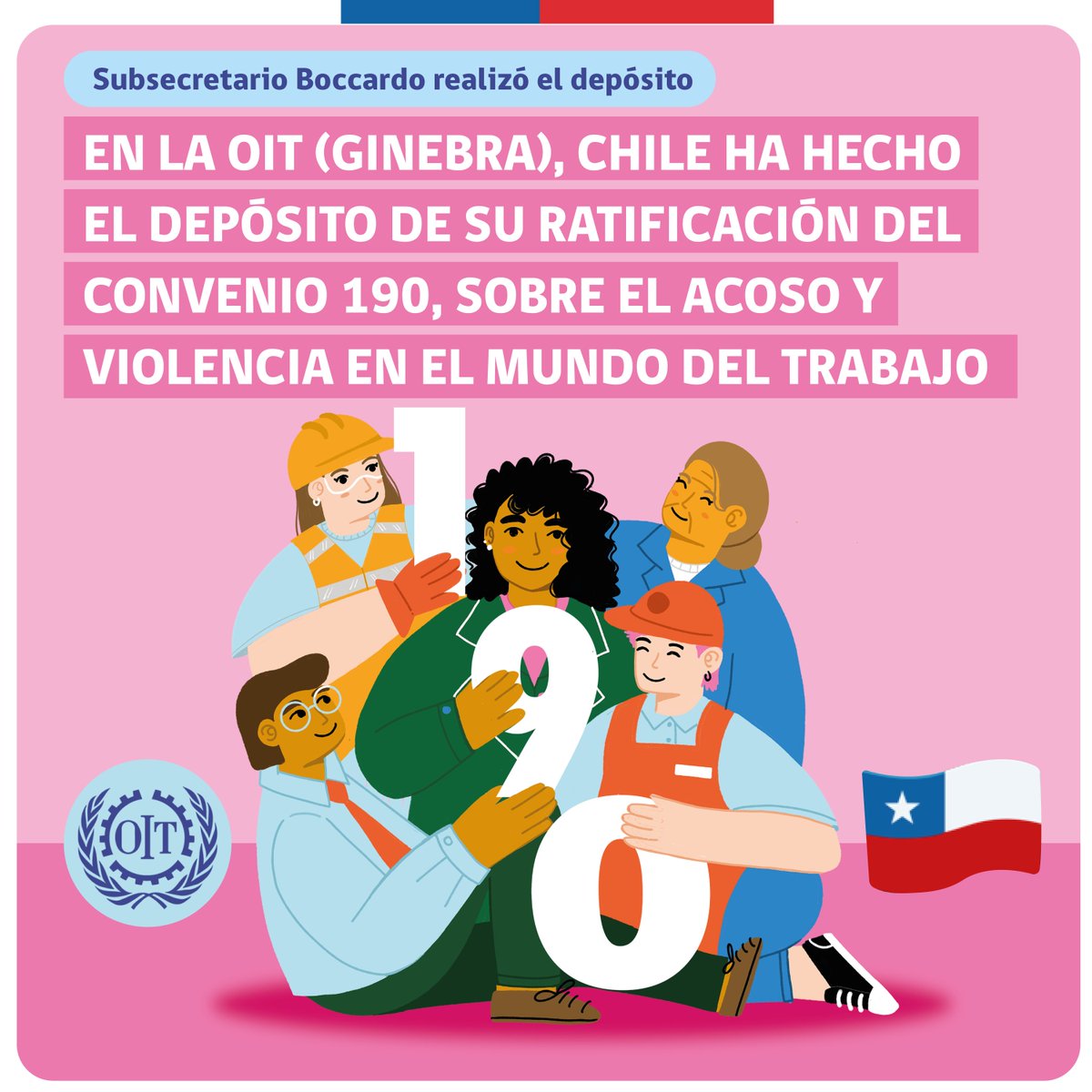 ¡Un nuevo Convenio ha sido ratificado por Chile para sus trabajadores/as🫂! En <a href="/OITnoticias/">OIT</a>, Ginebra, nuestro país representado por el subsecretario <a href="/gboccardobosoni/">Giorgio Boccardo Bosoni</a>, ha hecho el depósito oficial del Convenio 190 contra todo tipo de violencia y acoso en el mundo del trabajo✅