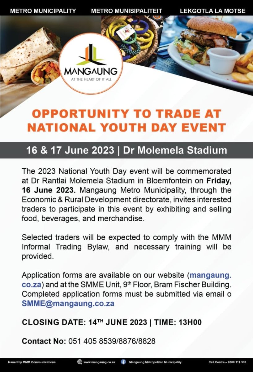 fsgov's tweet image. Here&apos;s an opportunity to trade at the National Youth Day Commemoration Event at Dr Petrus Ratlai Molemela, Bloemfontein, on the 16th June 2023, @09H00
Closing date is 14 June 2023 @13H00 @FSDESTEA #YouthMonth2023 #makingyourfutureworkbetter