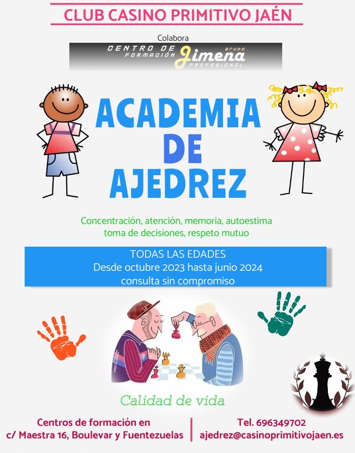 AjedrezJaen's tweet photo. Anunciamos la academia de Ajedrez para el próximo curso en zonas fuentezuelas y Boulevard.
Todas las edades! https://t.co/4tAmriE3q4