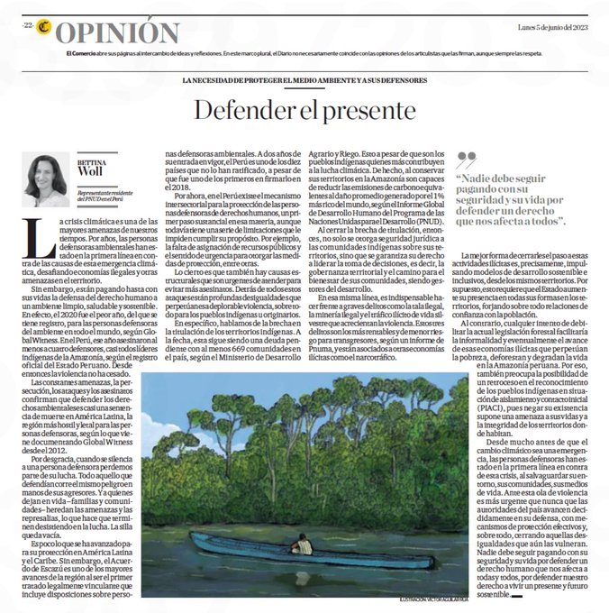 🇵🇪 Cuando se silencia a una persona defensora ambiental se pierde parte de su lucha y todo lo que defendía corre el mismo riesgo.
👉Lee el artículo de <a href="/BettinaWoll/">Bettina Woll</a>, Representante Residente del <a href="/PNUDperu/">PNUD Perú</a>, sobre el tema, publicado en <a href="/elcomercio_peru/">El Comercio</a>: bit.ly/43qGQbg