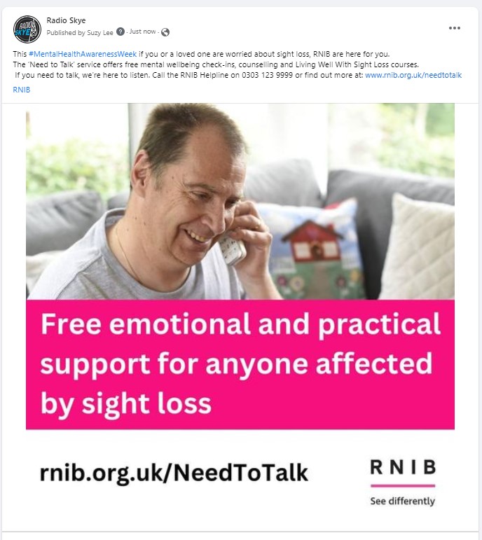 Delighted to be running a radio advertising campaign for RNIB across the West of Scotland as well as in Northern Ireland. Listen out for their powerful message or check out the social media activity. @RNIB #needtotalk